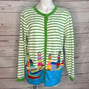 Quacker Factory Striped Button Down Cardigan Med.